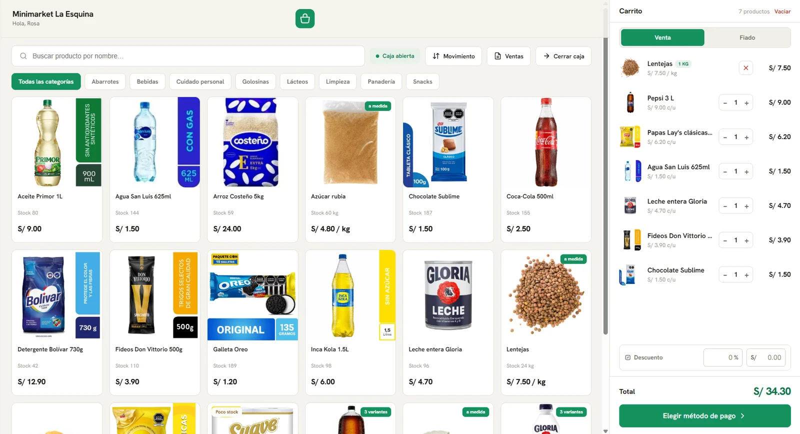 La pantalla de vender de BizzyPos, con productos y un carrito en curso